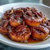 Sweet glazed yams with a hint of cinnamon and nutmeg, garnished with crunchy toasted pecans for added texture.  