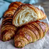Flaky sourdough croissants with dark chocolate filling, golden and crisp, perfect for a luxurious breakfast treat.  