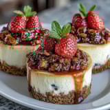 Housewarming Mini Cheesecakes with golden graham cracker crust and creamy vanilla filling, perfect for festive dessert trays and party platters.