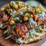 Zesty grilled salmon tacos with vibrant mango salsa, perfect for a light and colorful summer meal.  