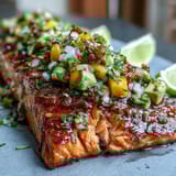 Oven-baked salmon fillet topped with vibrant mango avocado salsa and fresh cilantro garnish.  