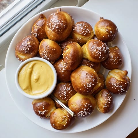 Freshly baked Pretzel Bites with Cheese Dip served warm with a sprinkle of sea salt.