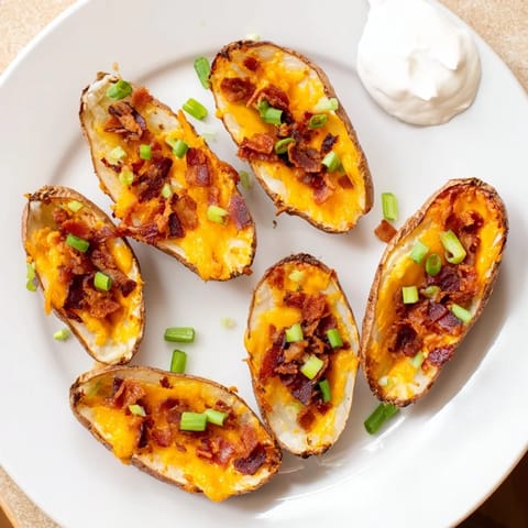 Crispy loaded potato skins garnished with fresh green onions and a dollop of sour cream.
