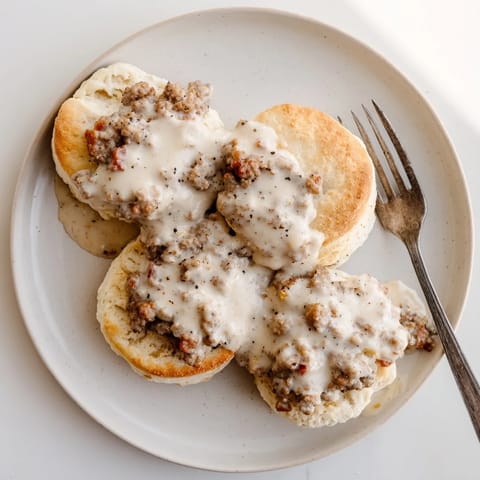 Golden-brown, flaky biscuits split and generously smothered in creamy, peppery homemade sausage gravy.