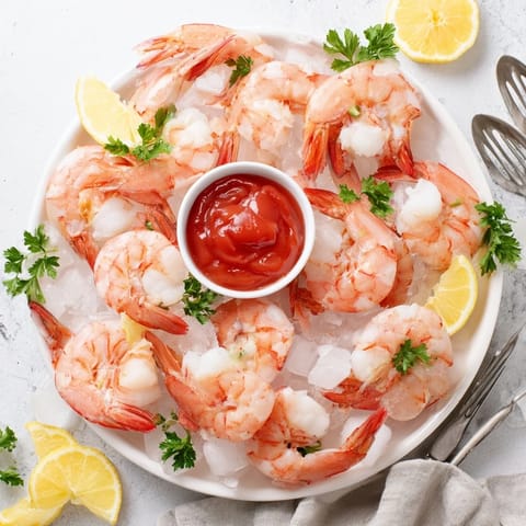 Classic shrimp cocktail served in a glass with tangy red sauce and a bright lemon garnish.