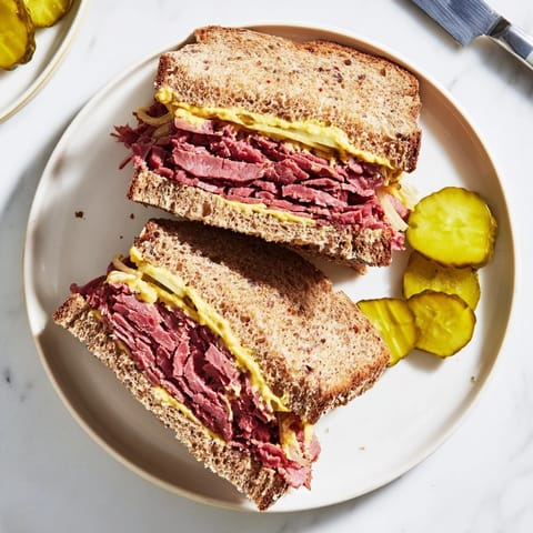 Close-up of a Pastrami on Rye served with a crunchy dill pickle spear.