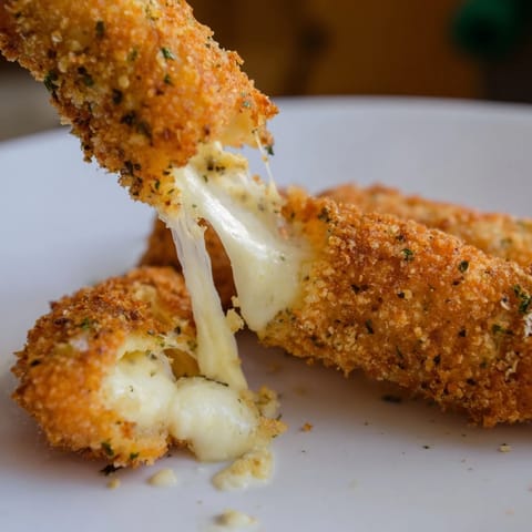 Melted mozzarella pull inside these homemade Mozzarella Sticks, served on a platter with a side of rich tomato dipping sauce.