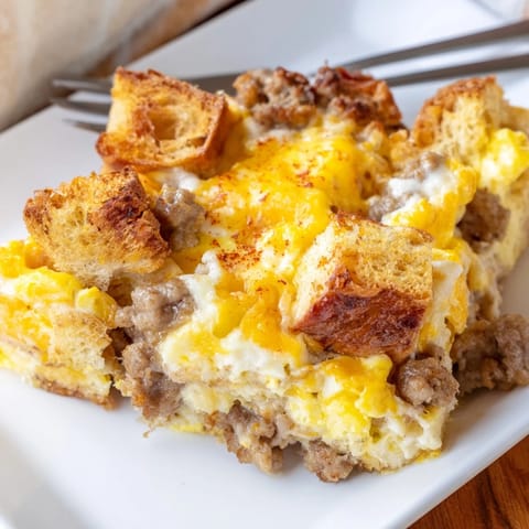 Freshly baked Breakfast Sausage Casserole bubbling with mozzarella and cheddar, ready to slice for a hearty family brunch or breakfast.