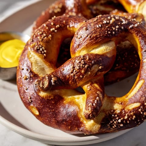 Eight large Soft Pretzels with twisted shapes and chewy crumb sit warm on a baking sheet beside a small bowl of spicy brown mustard.