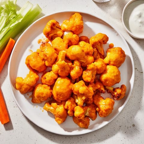 Golden battered cauliflower florets are coated in tangy buffalo sauce, baked until crispy for a perfect vegetarian appetizer snack.