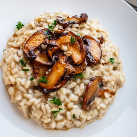 Golden roasted mushrooms and arborio rice in a creamy Roasted Mushroom Risotto, with fresh thyme and grated Parmesan cheese.