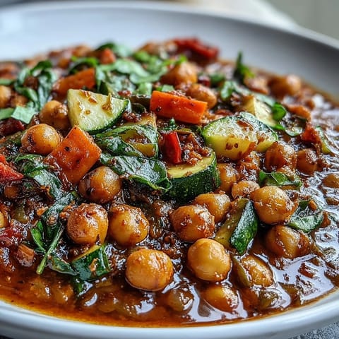 A vibrant bowl of Spicy Chickpea Stew, simmering with tender carrots, bell peppers, and chickpeas in a golden, aromatic broth.  