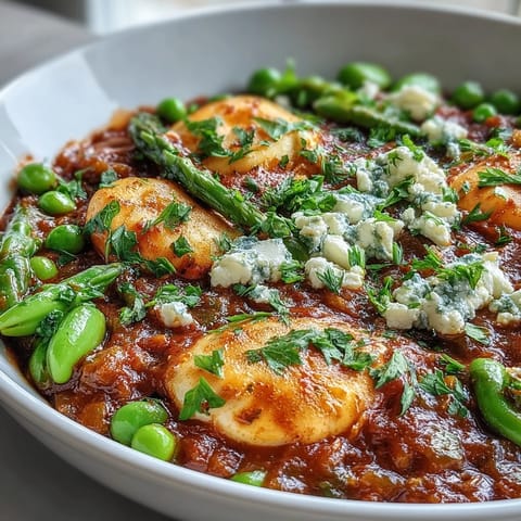 Spring-inspired Pea and Broad Bean Shakshuka featuring tender asparagus, peas, and feta garnish, perfect for a colorful vegetarian main dish.