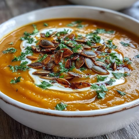 A warm bowl of silky butternut squash soup topped with fresh parsley, pumpkin seeds, and a drizzle of cream.