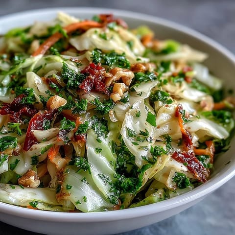 Bright orange carrots and red bell peppers add crisp texture to this vibrant Cooked and Loved Cabbage Salad served in a white bowl.