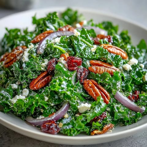 Bright green kale salad with sweet maple glaze, red onion slices, and crumbled feta cheese for a vibrant fall side dish.  