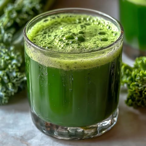 A tall glass of vibrant green Cabbage and Kale Detox Juice, garnished with fresh ginger and lemon slices, glistening with condensation.
