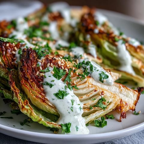 Golden brown roasted cabbage wedges with crispy edges, generously drizzled with creamy tahini sauce and sprinkled with fresh parsley.