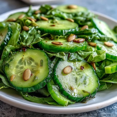 A serving of Glowing Green Salad showcases hydrating veggies like bell pepper and zucchini, topped with crunchy pumpkin seeds.