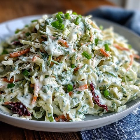 Freshly shredded green and red cabbage tossed with grated carrots in a creamy, tangy dressing, served in a white bowl.
