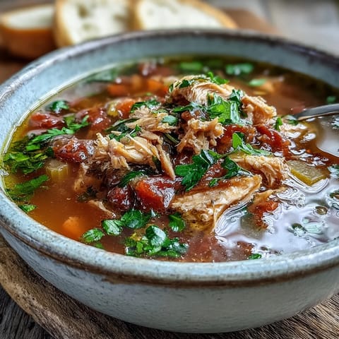 A steaming bowl of Tuna and Tomato Soup topped with fresh parsley, paired with crusty bread for dipping into the savory broth.