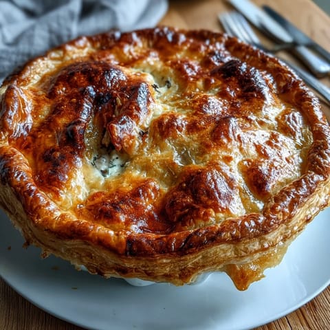 Golden, flaky puff pastry tops a bubbling filling of chicken and leek pie with smoky bacon, served hot from the oven.