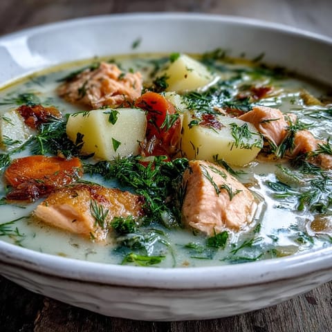 Creamy Finnish Salmon Soup simmering with tender salmon, potatoes, and fresh dill, served hot in a rustic bowl.