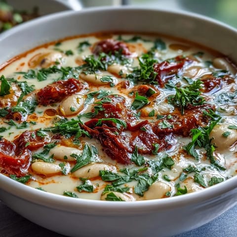 A ladle of velvety White Bean Soup With Tomato next to crusty bread for dipping. 