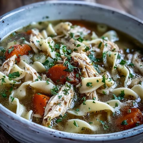 A cozy bowl of Chicken and Noodle Soup garnished with fresh parsley, served alongside crusty bread on a rustic table.