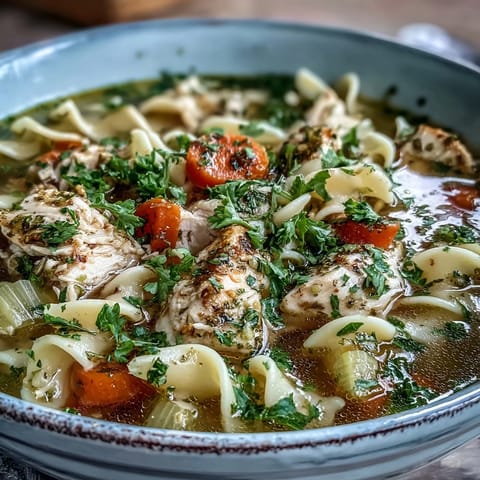Steamy bowl of homemade Chicken Noodle Soup with tender chicken, carrots, and herbs.