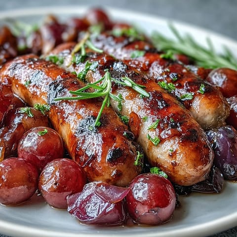 Juicy roasted sausage and grapes nestled with soft red onions, ready to serve with creamy polenta or crusty bread.