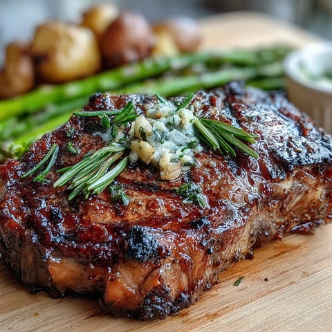 Golden grilled bone-in rib eye topped with rosemary and garlic, paired with asparagus and potatoes.