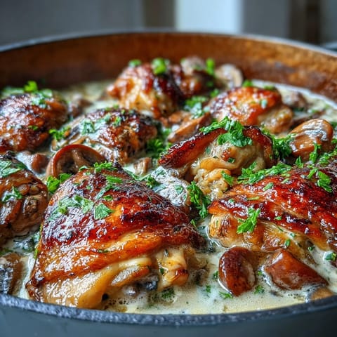 Golden-brown chicken pieces and quartered mushrooms braised in a creamy Coq au Vin Rosé sauce, garnished with fresh parsley.