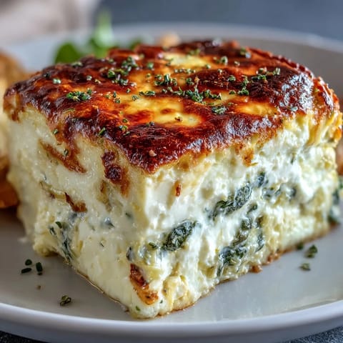 The golden crust on this High Protein Spinach Artichoke Bake reveals creamy cottage cheese and feta inside.