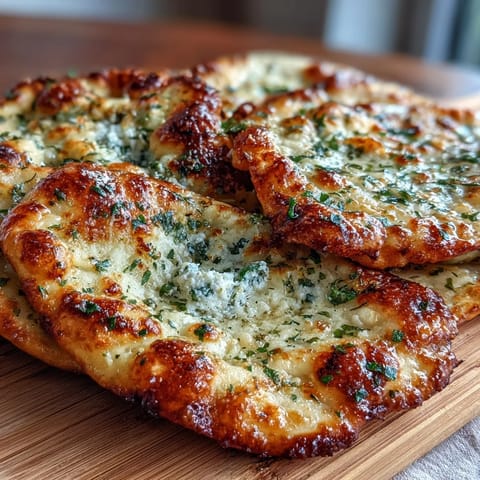 Warm, fluffy The Best Easy Garlic Naan bread brushed with garlic butter, served beside a creamy bowl of chicken curry.