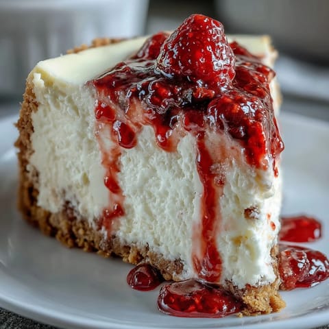 A close-up slice of Indulgent White Chocolate Raspberry Cheesecake Bliss on a white plate, revealing creamy layers and a tangy red swirl.