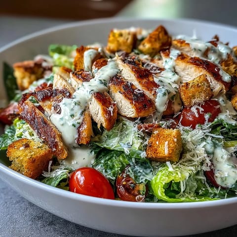 A vibrant Romaine Caesar Bowl with creamy dressing, shaved Parmesan, and juicy grilled chicken on a white plate.