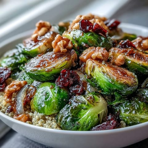 A finished Roasted Brussels Sprouts Bowl topped with toasted walnuts, dried cranberries, and a tangy balsamic glaze.