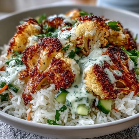 Golden herb-roasted cauliflower bowls piled high over fluffy basmati rice with fresh spinach and vibrant veggies.