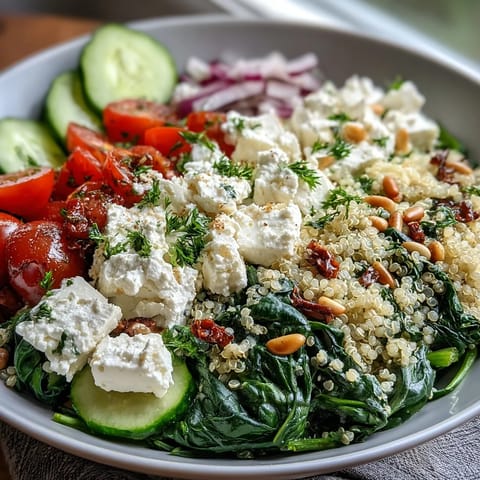 Bright and wholesome Spinach and Feta Grain Bowl garnished with fresh parsley and toasted pine nuts on a rustic table.
