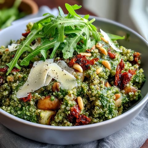 Freshly roasted zucchini and cherry tomatoes top fluffy quinoa in this Arugula Pesto Bowl, drizzled with vibrant green homemade sauce.