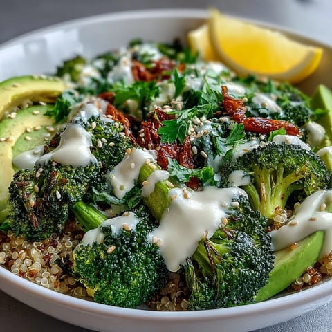 Golden roasted broccoli florets with crispy edges on quinoa, drizzled with creamy tahini sauce, topped with avocado slices.