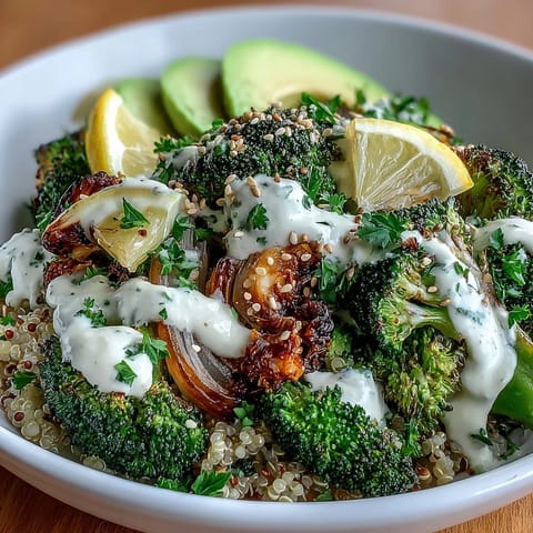 Fresh parsley and sesame seeds garnish a vibrant roasted broccoli bowl with fluffy grains and lemon wedges on the side.