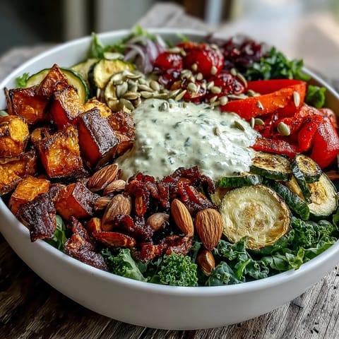 A vibrant Kale Salad Bowl with roasted sweet potatoes and peppers on massaged kale.