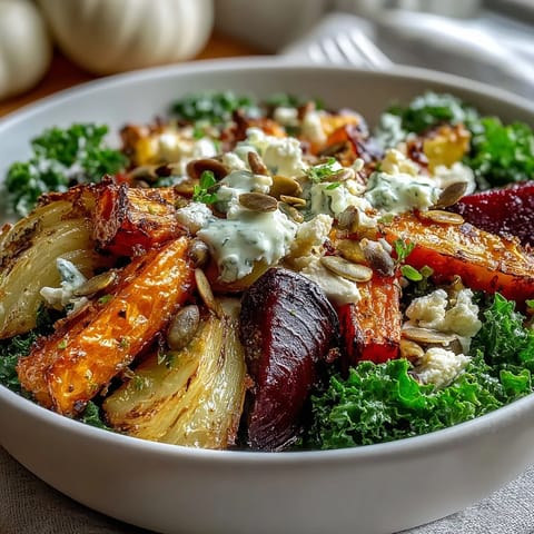 Roasted Winter Root Vegetable Bowl with massaged kale, toasted pepitas, and crumbled feta on a white plate.