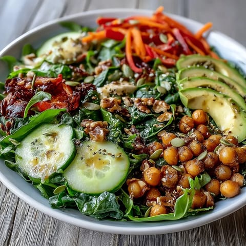 Freshly prepared Mixed Greens Power Bowl topped with sliced avocado, cherry tomatoes, and crunchy walnuts, ready to serve.