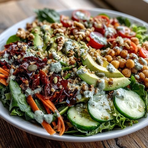 Colorful Mixed Greens Power Bowl featuring chickpeas, shredded carrots, and cucumber slices with a lemony dressing drizzle.