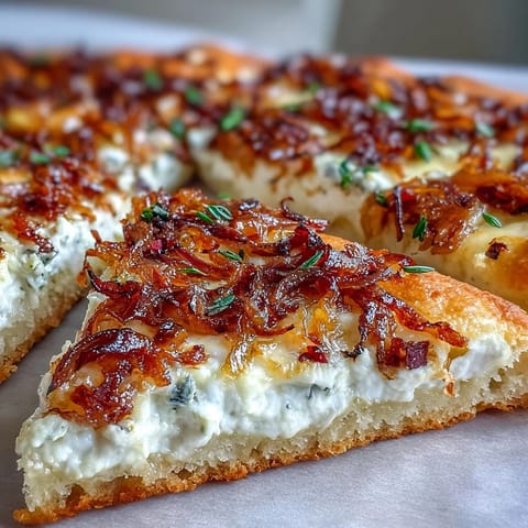 A close-up of the Goat Cheese & Caramelized Onion Flatbread showing golden onions and thyme.