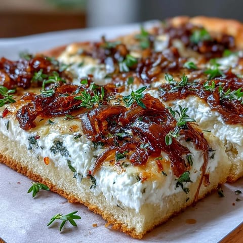 Fresh arugula and honey drizzled over the Goat Cheese & Caramelized Onion Flatbread on a rustic board.