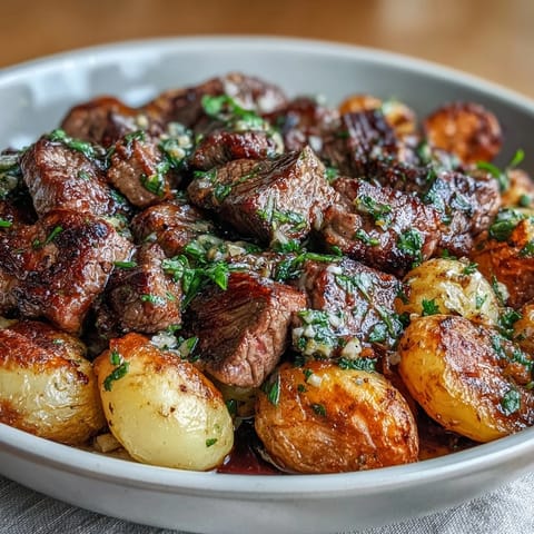 Sizzling steak cubes and quartered potatoes tossed in rich garlic butter sauce in a hot cast iron skillet.